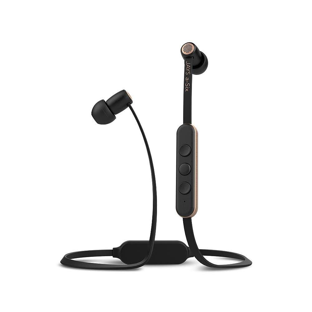 Jays a-Six Wireless in-Ear Bluetooth Earbuds w/Stainless Steel Aluminum Housing, Microphone and 12hrs of Playback (Black/Gold)