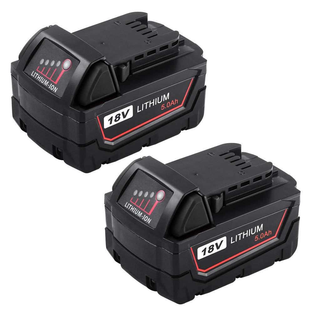 5.0Ah Replace for Milwaukee M18 18V Battery XC 48-11-1850 48-11-1828 48-11-1820 48-11-1852 48-11-1890 Cordless Power Tool Batteries Pack of 2