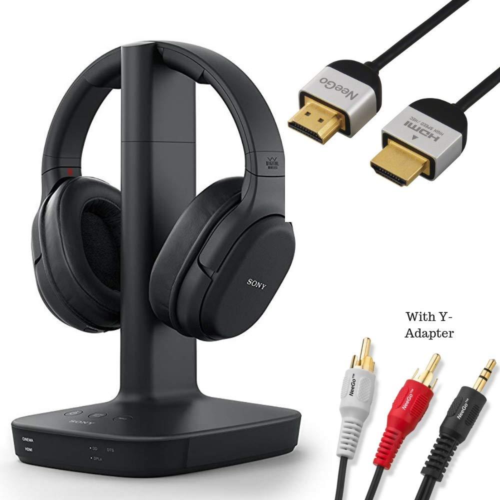 Sony WH-L600 Headphone & Cable Bundle Includes - Wireless Digital Surround Overhead Headphones Feature 98.43-ft Range, Volume Control, Voice Mode - 6-ft 3.5mm Stereo + NeeGo RCA Plug Y-Adapter for TV