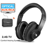 Wireless TV Headphones - Pohopa W239 2.4GHz Over Ear Stereo Headphone for TV Watching with Transmitter(Digital Optical, 3.5mm AUX, RCA), Plug & Play, No Delay, 100ft Long Range, Black