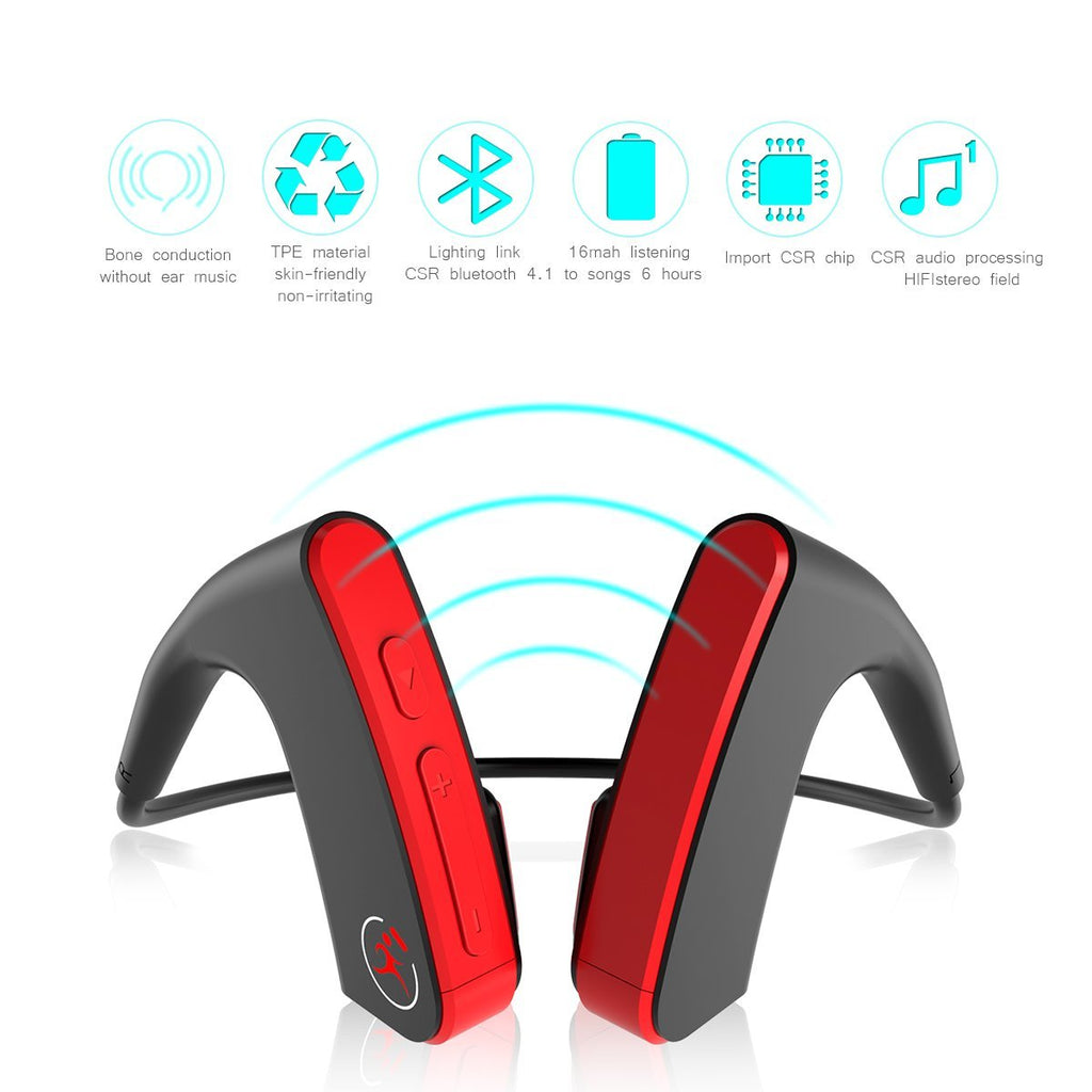 Bone Conduction Bluetooth Headset, Hanging Ear Bilateral Stereo Wireless Sports Outdoor Headset for iPhone Android Other Bluetooth Devices-red