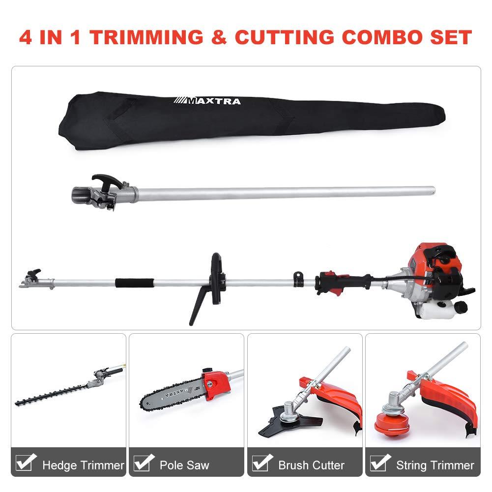 Maxtra 42.7cc Gas Pole Tree Trimming Combo Set 4 in 1 Cordless Gas Pole Chainsaw Hedge Trimmer Grass Brush Cutter with Extension Reach to 13ft with Portable Bag