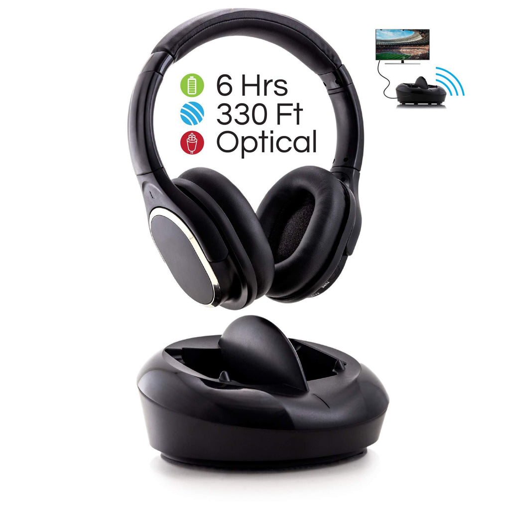 Wireless TV Headphones with Charging Dock - Over-Ear RF TV Headset - 2.4GHz Transmitter 330 ft. Max Signal Range - Light Weight & Extra Padding for Superior Comfort| Easy Set Up - 6 Hour Battery Life