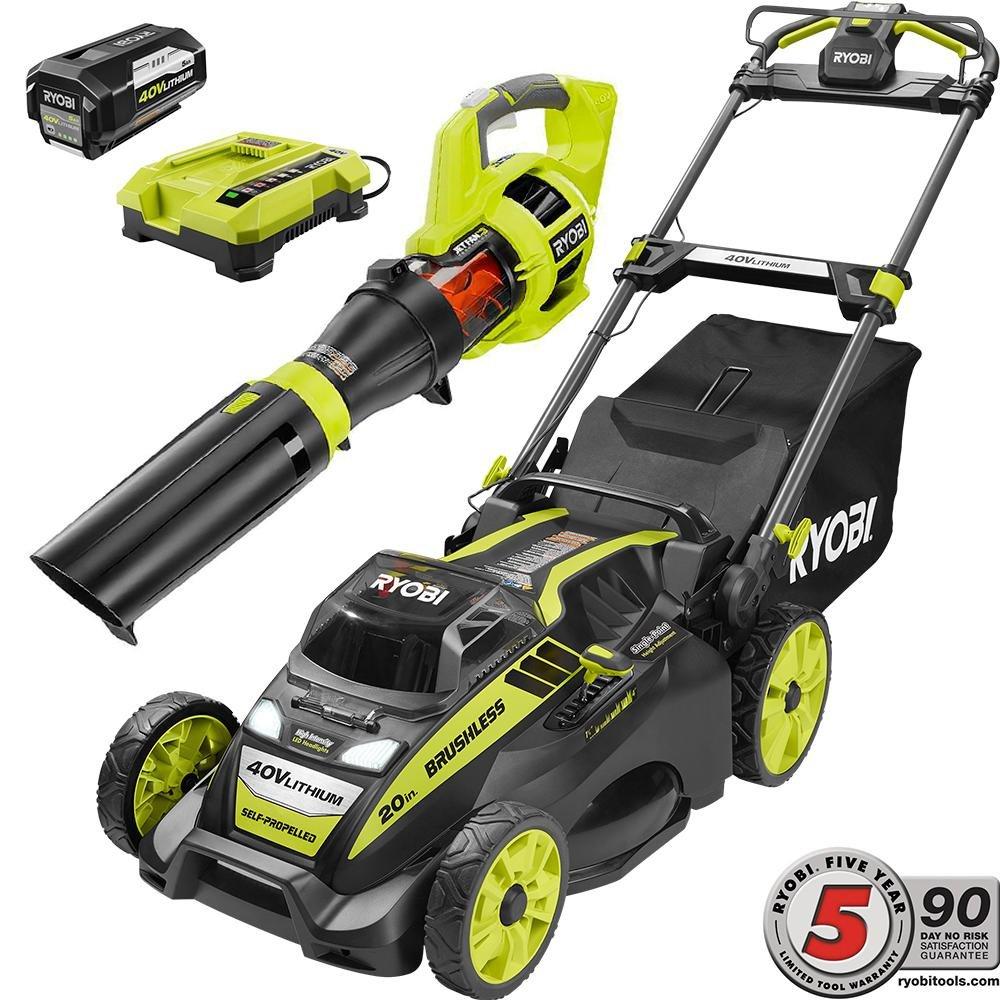 Ryobi 20 in. 40-Volt Cordless Lithium-Ion Self-Propelled Mower/Jet Fan Leaf Blower Combo Kit 5.0 Ah Battery/Charger Included