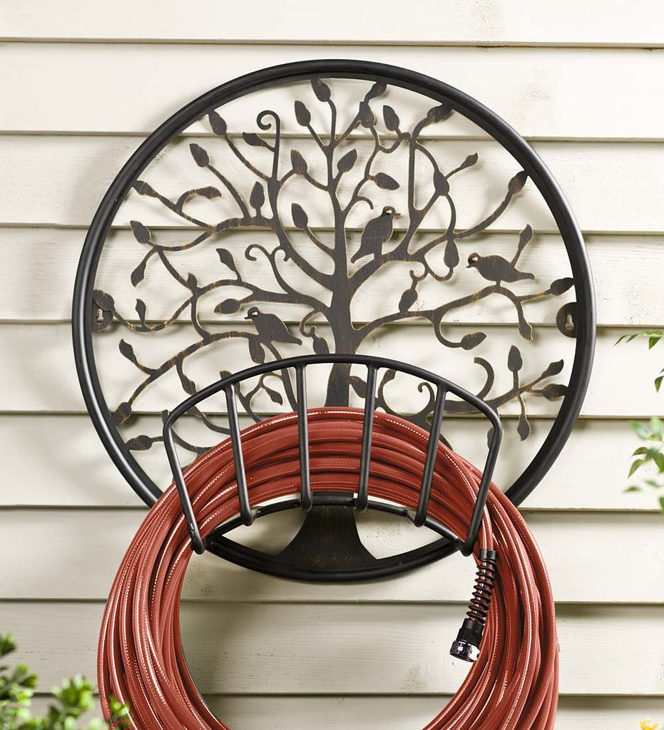 Plow & Hearth Tree of Life Iron Metal Wall Mount Garden Hose Holder with Black Finish and Golden Highlights 22.75 Dia. x 9 D