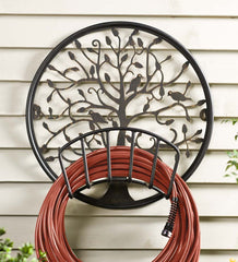 Plow & Hearth Tree of Life Iron Metal Wall Mount Garden Hose Holder with Black Finish and Golden Highlights 22.75 Dia. x 9 D