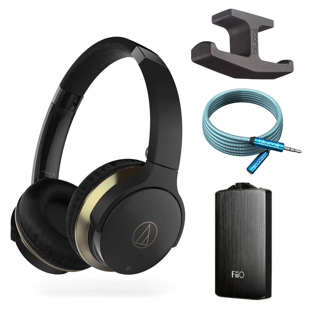 Audio Technica ATH-AR3BTBK SonicFuel Wireless Bluetooth On-Ear Headphones Bundle with FiiO A3 Black Portable Headphone Amplifier, Blucoil Under-Desk Headphone Hook and 6-Ft Earphone Extension Cable