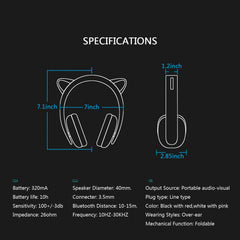 Censi Music Headset Headphone Creative Cat Ear Stereo Over-Ear Game Gaming Bass Headset Noise Canceling Headband Earphone with MIC Rechargeable Port for Bluetooth 4.0 Device (White, Blutooth)