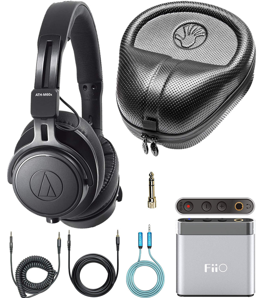 Audio-Technica ATH-M60x Closed Back Headphones with Interchangeable Cables Bundle with FiiO A1 Portable Headphone Amp, Slappa Full-Sized Headphone Case, and Blucoil 6' 3.5mm Extension Cable